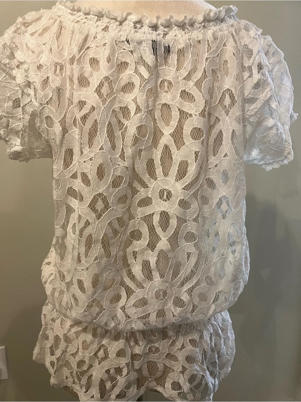 INC International Concepts White Lace Short Sleeve Peplum Blouse with Tie - Picture 4 of 9